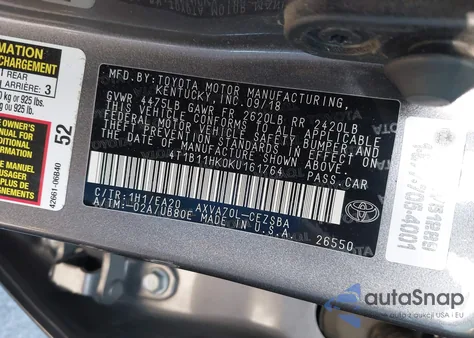 2019 Toyota Camry L/Le/Se/Xle из США, поврежденный, VIN 4T1B11HK0KU161764